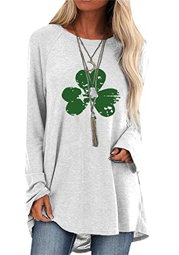 EFOFEI Damen St. Patricks Day Kleeblatt Langarm Shirt Grafik Vierblättriges Sweatshirt Klassischer Pullover Mit Kleeblatt Print Hellgrau S von EFOFEI