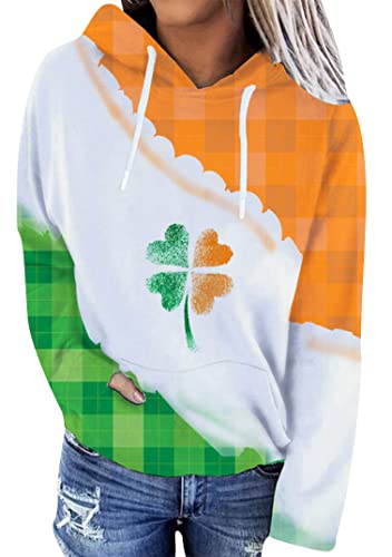 EFOFEI Damen St. Patricks Day Kleeblatt Langarm Shirt Lustiges Kleeblatt Bedrucktes Casual Top Ierblättriges Kleeblatt Hoodie Drucken Weiß Groß L von EFOFEI