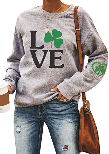 EFOFEI Damen St. Patricks Day Kleeblatt Sweatshirt Irish Clover Grafik Tops Oversize Langarm Shirt, Grey Love, M von EFOFEI