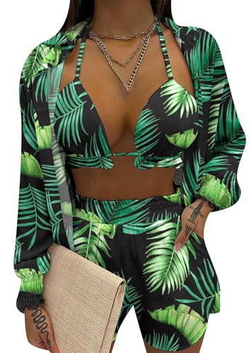 EFOFEI Damen Strand Sexy Dreiteiler Set Pool Party Outfit Sets Bunte Blumenbluse Strickjacken Grüne Blätter S von EFOFEI