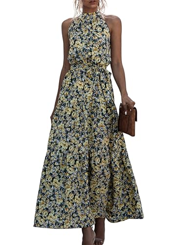 EFOFEI Damen Gepunktetes Blumenkleid Freizeit Stilvolles Partykleid Kleid Mit Fliege An Der Taille Neckholder Ärmelloses Maxikleid Blume Gelb XS von EFOFEI