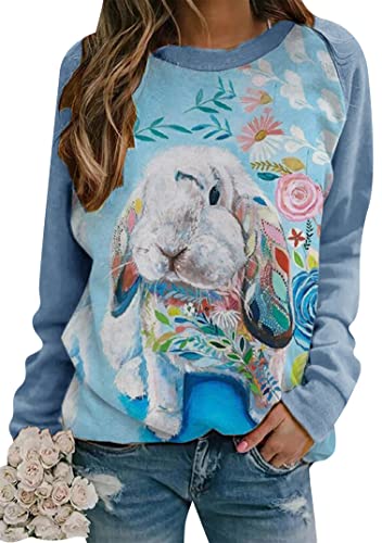 EFOFEI Damen Sweatshirt Bunny Grafik Pullover Ostern Niedliches Kaninchen Print T Shirt Blau Kaninchen L von EFOFEI