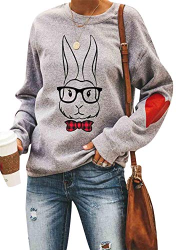 EFOFEI Damen Sweatshirt mit Kaninchenmuster Festlicher süßer Pullover Farbblockhemd mit Ärmeln Lustiges Teen Sweatshirt Bogen L von EFOFEI