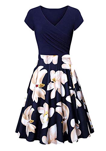 EFOFEI Damen Swing Blumen Midi Kleid Kurzarm V-Ausschnitt Kleid Navy Blue XL von EFOFEI