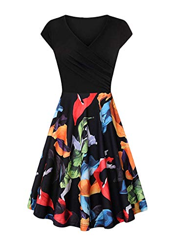 EFOFEI Damen Swing Floral Dress Kleid mit Print Kurzarm, XL, Z-blumen Blatt Schwarz von EFOFEI