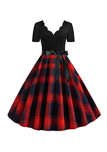 EFOFEI Damen Swing Kleid Dress Petticoat Lange Ärmel Ballkleid Kurzarm Vintage Retro Cocktailkleid rot XL von EFOFEI