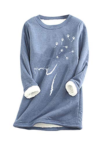 EFOFEI Frauen Lässige Katze Muster Pullover Langarm O-Neck Pullover Nette Lässig Mädchen Pullover Vlies Gefüttert Sweatshirt Pfote Blau XL von EFOFEI