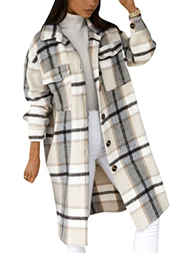 EFOFEI Damen Langer Tartan Mantel Tartan Wintermantel Lange Jacke Klassisch Langes Karohemd Lose Winter Warme Jacke Apricot XXL von EFOFEI