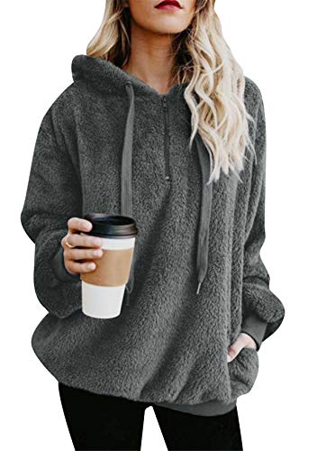 EFOFEI Damen Teddy Fleece Langarm Oversize Sweatshirt Hoodie Plüsch Kapuzenpullover Dunkelgrau S von EFOFEI