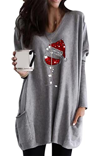 EFOFEI Damen Top mit Weihnachtselchmuster Festliche Geschenk Party Shirts Schlankes Oberteil mit Langen Ärmeln Winter Weihnachten Sweatshirt Weinglas Hellgrau M von EFOFEI