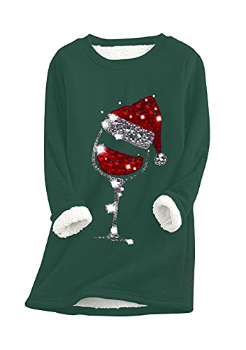 EFOFEI Damen Top mit Weihnachtsmützenmuster Lässiges warmes Oberteil Top mit Weinglasmuster Pullover Grün L von EFOFEI