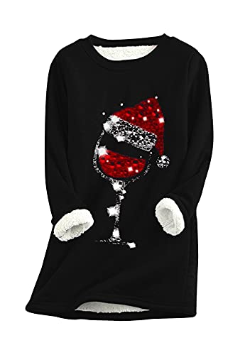 EFOFEI Damen Top mit Weinglasmuster Warmes und bequemes Sweatshirt Süße Weihnachtskleidung Schwarz XL von EFOFEI