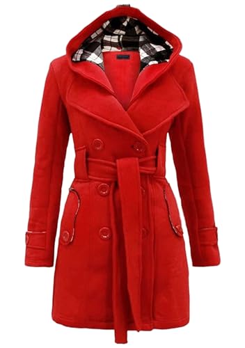 EFOFEI Damen Jacke Wollmischung Winter Zweireiher Mit Kapuze Rot M von EFOFEI