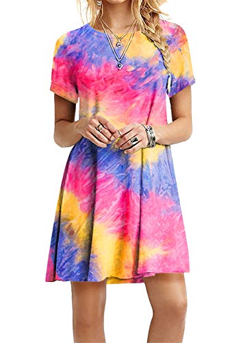 EFOFEI Damen Tunika Kleid Farbverlauf Lose Strandkleider Hippie Kostüm für Damen Krawatte Färben Rosa 4XL von EFOFEI