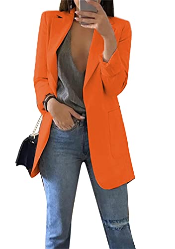 EFOFEI Damen Umlegekragen Business Mantel Einfache Unifarbene Schicht Mittellanger Dünner Anzug Zeitloser klassischer Anzug Orange XS von EFOFEI