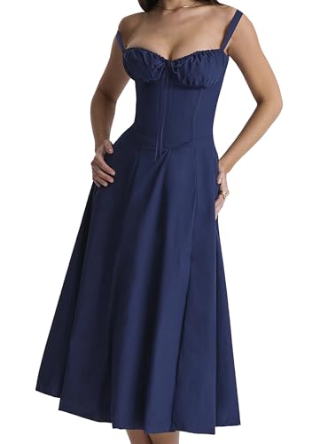 EFOFEI Damen Urlaub Party Sommerkleid Milchmädchen Slim Fit Kleid Flowy Schlitz Bustier Kleider Marineblau L von EFOFEI