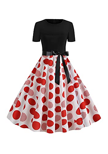 EFOFEI Damen Valentinstag Spitze Druck Abend Party Kleid Cocktail Partykleid Polka Dot Lange Ärmel Ballkleid Hepburn Cocktailkleid Weiß M von EFOFEI