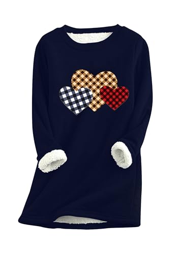 EFOFEI Frauen Langarm O-Ausschnitt Pullover Nette Lässig Mädchen Pullover Vlies Gefüttert Sweatshirt Winter Warm Verdickte Pullover Herz Marineblau L von EFOFEI
