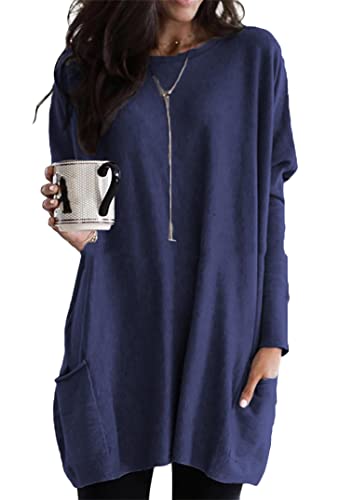 EFOFEI Damen Vielseitiges Bequemes Unterhemd Einfarbiges Pullover Shirt Langärmliges Bedrucktes Hemdkleid Marineblau M von EFOFEI