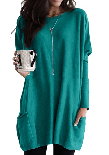 EFOFEI Damen Vielseitiges bequemes Unterhemd Lässige Tops mit Zwei Taschen Übergroßer Pullover mit lockerer Passform Pfauenblau L von EFOFEI
