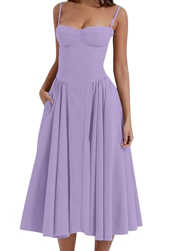 EFOFEI Damen Vintage Korsett Sonnenkleid Sommerkleid Mit Taschen Verstellbare Schultergurte Kleid Hellviolett L von EFOFEI