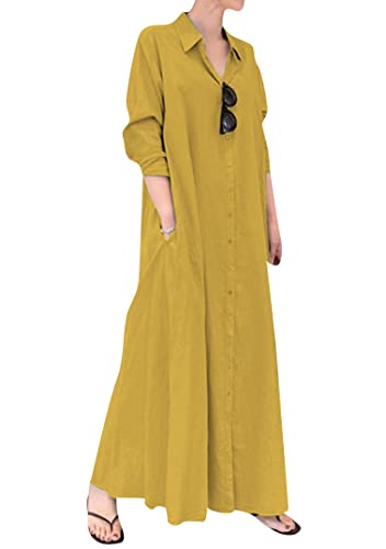 EFOFEI Damen Vintage Langes Kleid Kaftans Mit Knopf Langarm Stehkragen Kaftan Elegant Süßes Niedliches Kleid Gelb XL von EFOFEI
