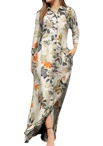 EFOFEI Damen Vintage Langes Kleid Kaftans Mit Taschen Reverskragen Floral Print Kleid Langarm Button Down Shirt Kleid Floral Apricot XXL von EFOFEI