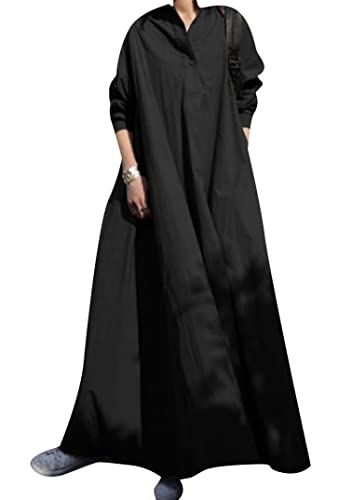 EFOFEI Damen Vintage Langes Kleid Kaftans Mit Taschen Strand Lockeres Kaftan Maxikleid Sommer Einfaches Alltagskleid Schwarz XXL von EFOFEI