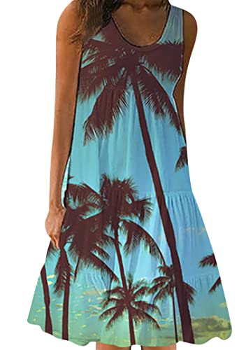 EFOFEI Damen Vintage Party Elegantes Kleid Floral Plissiertes Lockeres Swing Kleid Party Strandkleid Ärmelloses Strand Swing Kleid Coconut Tree XXL von EFOFEI