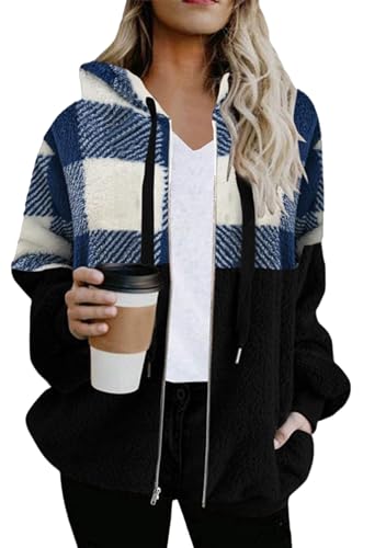 EFOFEI Damen Warm Faux Fur Color Block Coat Plaid Shirt Jacke mit Seitentaschen Trendy Herbst Winter Warm Fleece Mäntel Blau Weiß M von EFOFEI