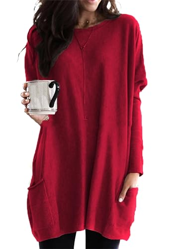 EFOFEI Mädchen Leichter Winter Base Pullover Sweatshirt mit Taschen auf beiden Seiten Lange Tunika Oversize Oberteile Langarm T-Shirt Weinrot M von EFOFEI