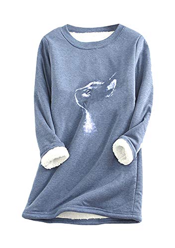 EFOFEI Frauen Teen Mädchen Sweatshirt Plus Vlies Warmes Sweatshirt Baumwolle Plüsch Thermal Pullover Rundhals Weiche Loungewear Katze Blau L von EFOFEI