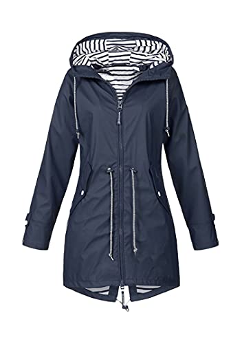 EFOFEI Damen Wasserdicht Winddicht Regenmantel Winddichter Mantel mit großen Doppeltaschen Regenmantel mit Reißverschluss snap Navy Blau XL von EFOFEI