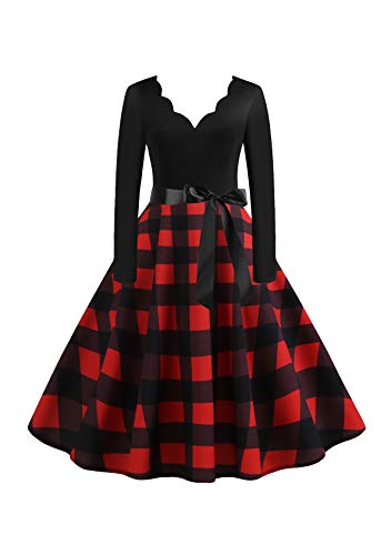 EFOFEI Damen Weihnachten Druck Partykleid Dot Einfarbig Rockabilly Kleid Weihnachten Kleider Langarm rot XS von EFOFEI