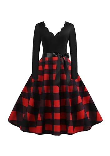 EFOFEI Damen Weihnachten Kleid Langarm Weihnachtskleid Vintage Hepburn Cocktailkleid Weihnachten Partykleid A-Linie Swing Kleid Rot XXL von EFOFEI
