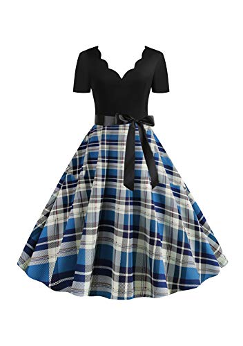 EFOFEI Damen Weihnachten Kleider Kurzarm Hepburn Stil Cocktailkleider Dot Einfarbig Rockabilly Kleid Blau M von EFOFEI