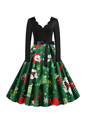 EFOFEI Damen Weihnachten Kleider Langarm Vintage Hepburn Cocktailkleid Weihnachten Druck Partykleid A-Linie Swing Kleid Dress Grün XL von EFOFEI