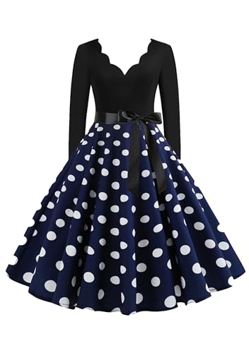 EFOFEI Damen Weihnachten Kleider Langarm Weihnachtskleid Hepburn Cocktailkleid Druck Partykleid A-Linie Swing Kleid Blau XXL von EFOFEI