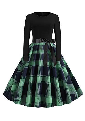 EFOFEI Damen Weihnachten Kleider Langarm Weihnachtskleid Vintage Hepburn Cocktailkleid Weihnachten Druck Partykleid A-Linie Swing Kleid Dress Grün XL von EFOFEI