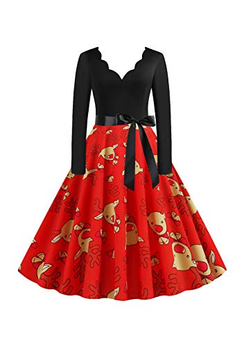 EFOFEI Damen Weihnachten Kleider Langarm Weihnachtskleid Vintage Hepburn Cocktailkleid Weihnachten Druck Partykleid A-Linie Swing Kleid Dress rot M von EFOFEI