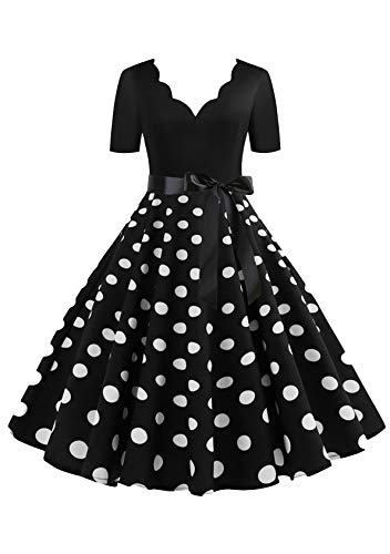 EFOFEI Damen Weihnachten Kurzarm Hepburn Stil Cocktailkleider Dot Einfarbig Rockabilly Kleid Schwarz XL von EFOFEI
