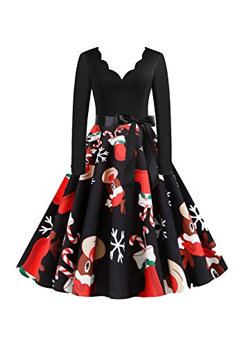 EFOFEI Damen Weihnachten Langarm Kleid Abendkleider Retro Schwingen Kleid Faltenrock Gothic Cocktail Elegantes Festlich Kleid Schwarz L von EFOFEI