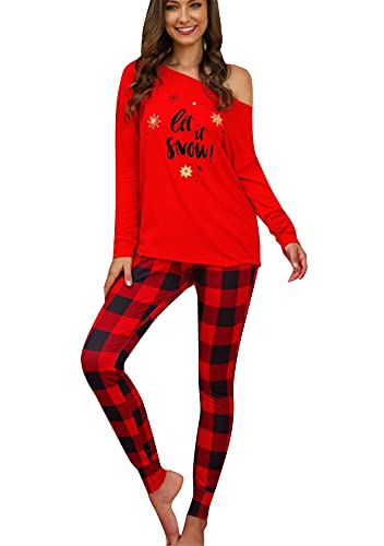 EFOFEI Damen Weihnachten Letter Plaid Printed Top Pants Pyjamas Kleidung Anzüge Für Herbst Winter Rot XL von EFOFEI