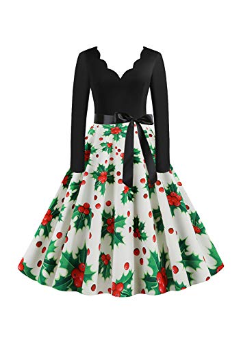 EFOFEI Damen Weihnachts Kleid Langarm Weihnachten Pullover Kleid Weihnachtskleider Cocktailkleid Druck Kleid Blumenspitze A-Line Elegantes Festlich Kleid Vintage Hepburn Kleid Weiß L von EFOFEI