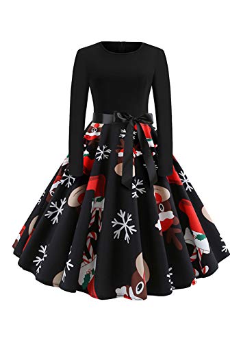 EFOFEI Damen Weihnachts Kleid Langarm Weihnachtskleider Cocktailkleid Druck Kleid Blumenspitze A-Line Elegantes Festlich Kleid Vintage Hepburn Kleid Schwarz M von EFOFEI