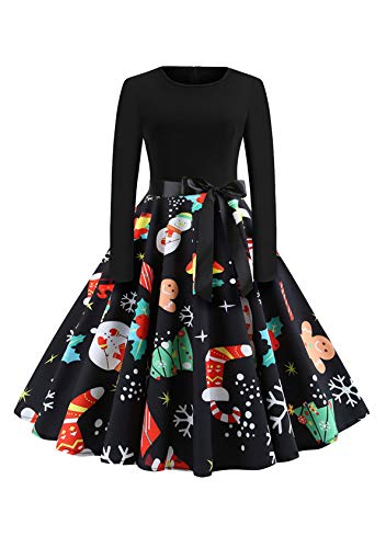 EFOFEI Damen Weihnachts Kleid Weihnachtskleider Cocktailkleid Druck Kleid Blumenspitze A-Line Elegantes Festlich Kleid Vintage Hepburn Kleid Schwarz XL von EFOFEI