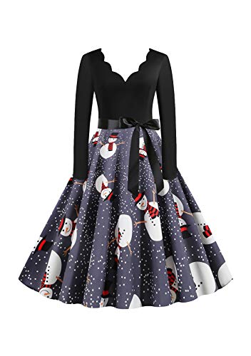 EFOFEI Damen Happy Weihnachten Frauen Langarm Druck Vintage Kleid Abend Party Clubbing Karneval Abendkleid Spitzenkleid Eleganten Swing Kleid Grau L von EFOFEI
