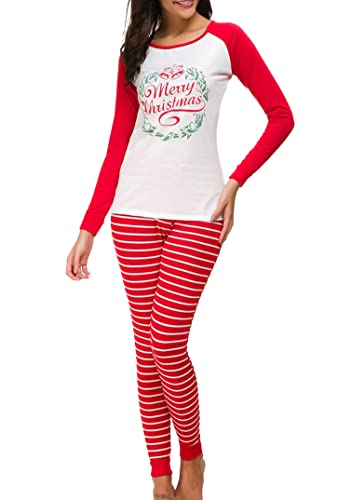 EFOFEI Damen Weihnachtsmann Familien Pyjama Bequemes Sportanzug Nachtwäsche Set Gestreifter Patchwork Pyjama Zweiteiler Rot S von EFOFEI