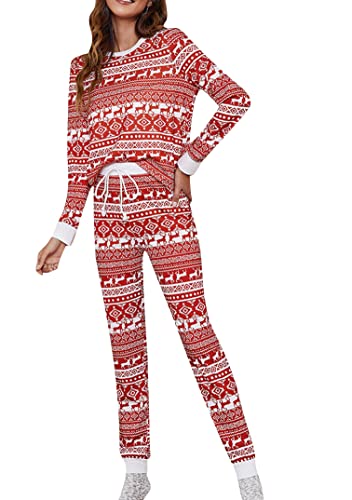 EFOFEI Damen Weihnachtsmann Familien Pyjama Ultraweiches Oberteil Und Karierte Pyjamahosen Langarm Loungewear Sets Für Zu Hause Rot M von EFOFEI