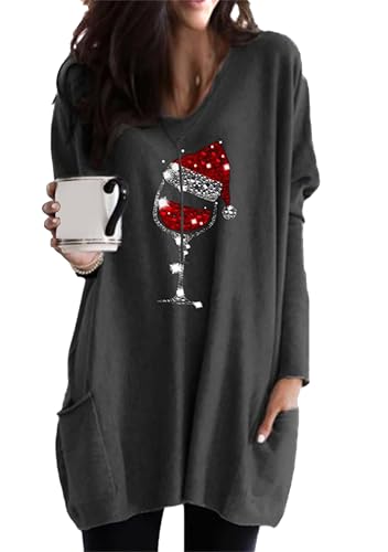 EFOFEI Damen Weihnachtspullover mit Taschen Rentierkleid Pullover Lockerer Passform Herbst Lose Wickel T Shirt Blusen Weinglas Dunkelgrau 3XL von EFOFEI